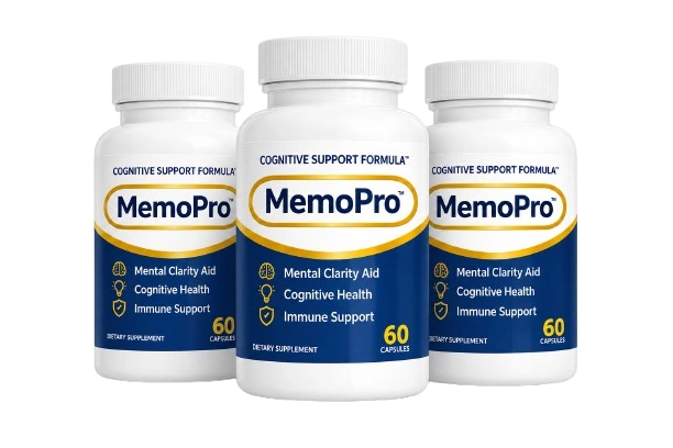MemoPro dietary supplement bottle for memory, focus, mental clarity, and cognitive wellness support